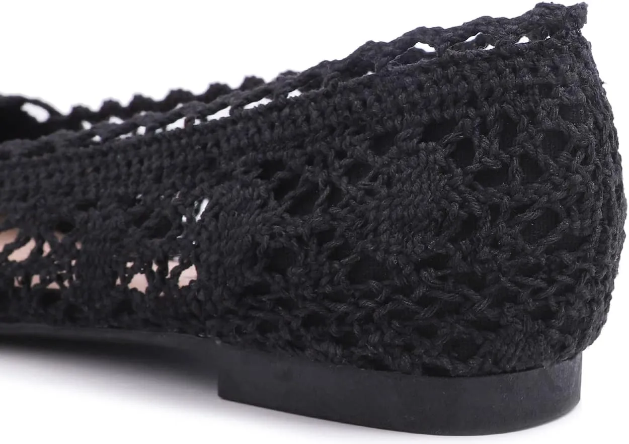 FEVERSOLE Women's Comfort Breathable Knit Crochet Shoes Lace Ballet Flats