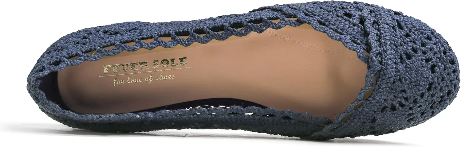 FEVERSOLE Women's Comfort Breathable Knit Crochet Shoes Lace Ballet Flats