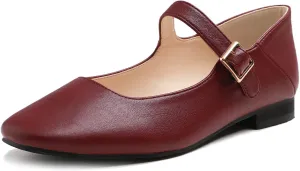 FEVERSOLE Women's Mary Jane Fashion Square Toe Easy Buckle Low Heel Slip On Flats
