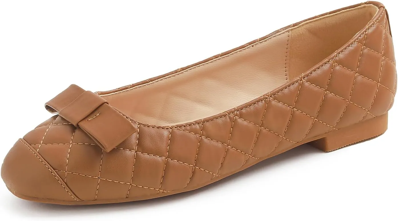 FEVERSOLE Women's Square Toe Fashion Bow Tie Dress Slip On Ballet Flats