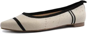 FEVERSOLE Women's Woven Pointy Fashion Cutouts Breathable Knit Flat Shoes Pointed Beige Black Stripe Size 7.5 M US