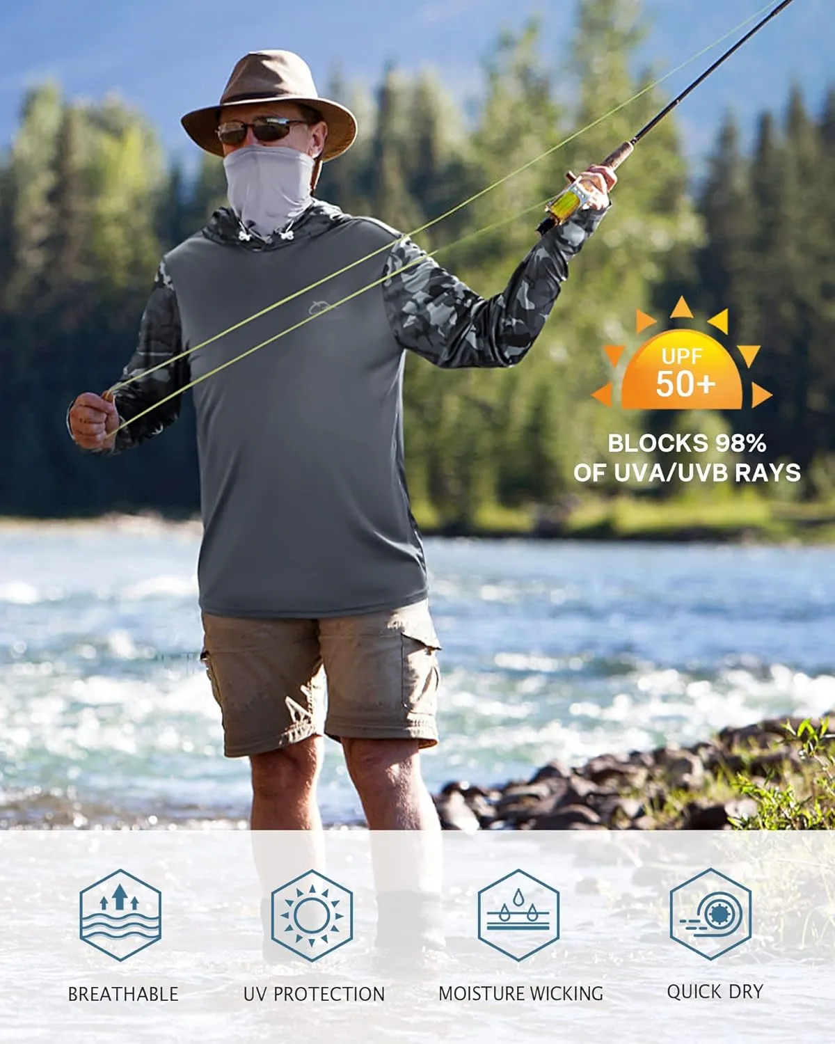 FISHEAL Men's Performance Fishing Hoodie Shirt - UPF 50  UV Sun Protection Long Sleeve Shirts with Mesh Face Mask