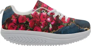 FOR U DESIGNS Vintage Floral Print Fitness Walking Sneaker Casual Women's Wedges Platform Shoes