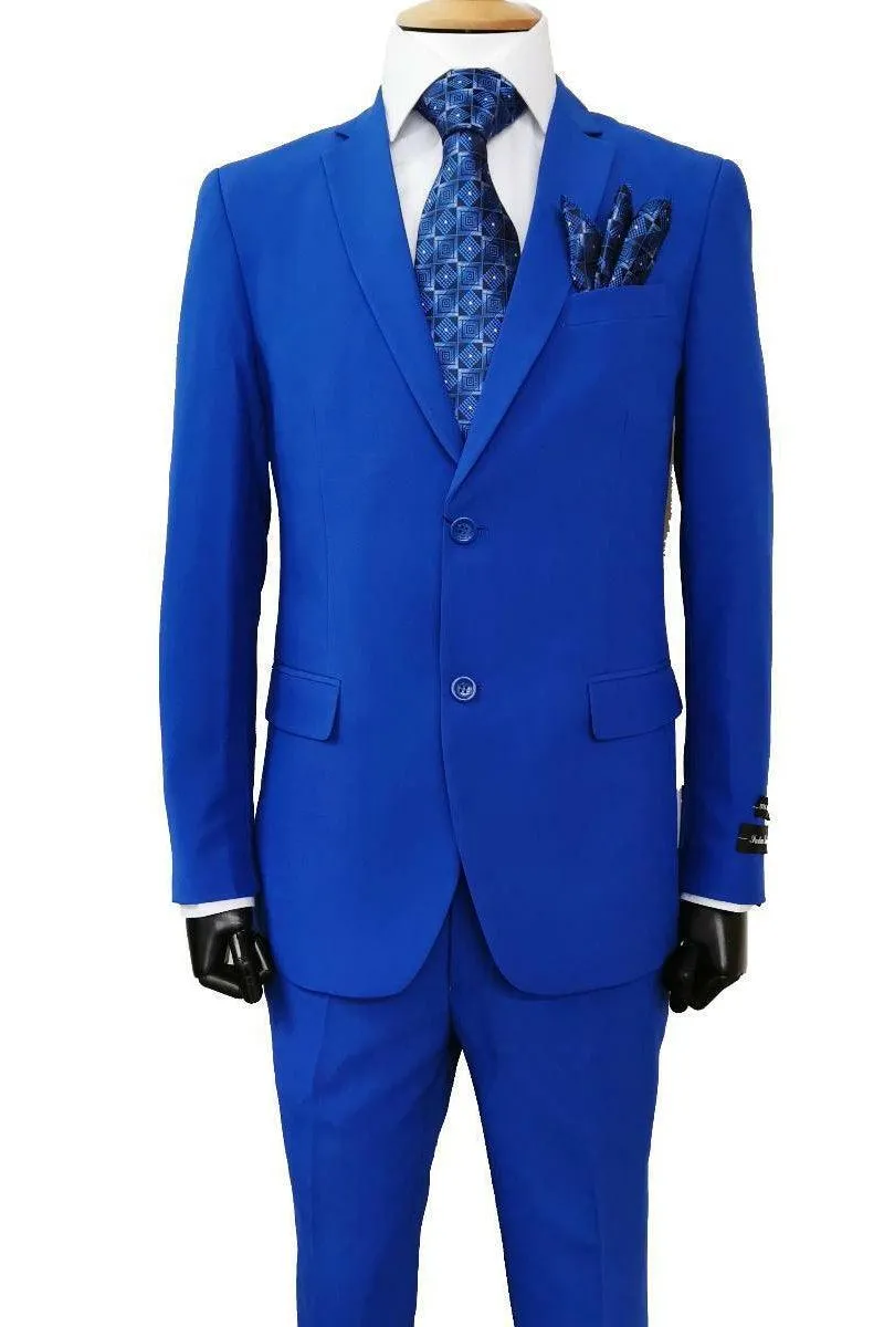 Fortino Landi Men Royal Blue Poplin 2-Button Slim Fit Suit