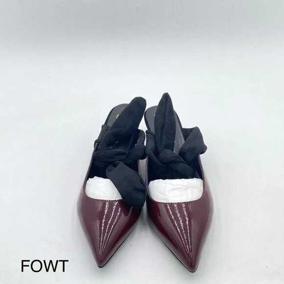 FOWT Burgundy Pointed Toe Mules with Bow Kitten Heel Backless Dress Sandals