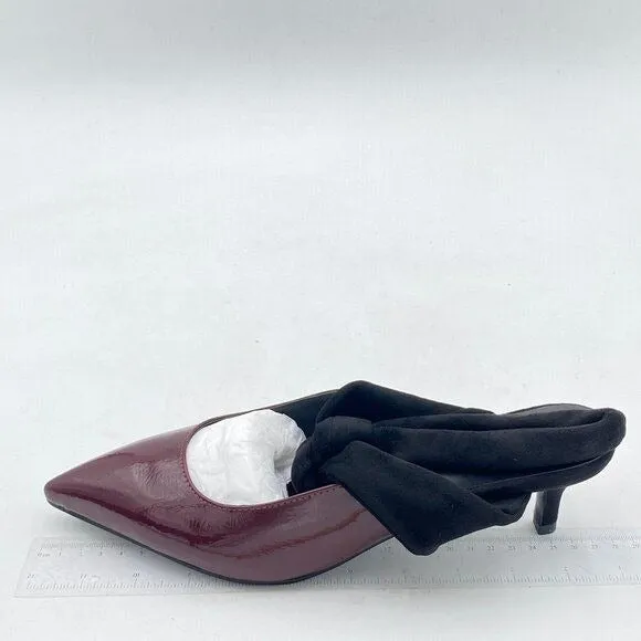 FOWT Burgundy Pointed Toe Mules with Bow Kitten Heel Backless Dress Sandals