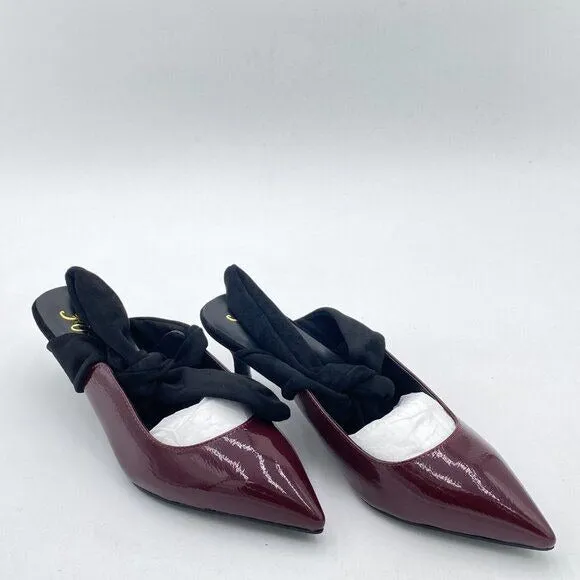 FOWT Burgundy Pointed Toe Mules with Bow Kitten Heel Backless Dress Sandals
