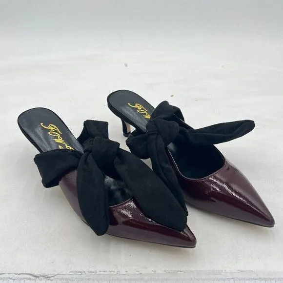 FOWT Burgundy Pointed Toe Slip On Mule Bow Kitten Heel Backless Dress Sandals