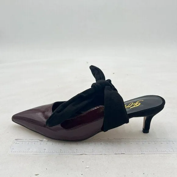FOWT Burgundy Pointed Toe Slip On Mule Bow Kitten Heel Backless Dress Sandals