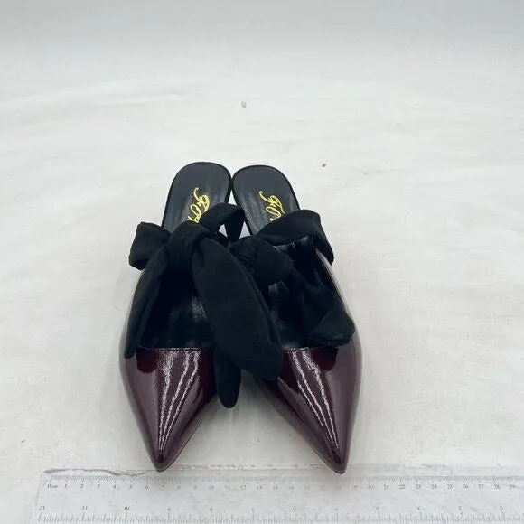 FOWT Burgundy Pointed Toe Slip On Mule Bow Kitten Heel Backless Dress Sandals