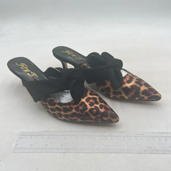 FOWT Leopard Animal-print Pointed Toe Slip On Mules with Bow Kitten Heel Sandals