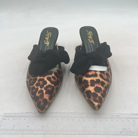 FOWT Leopard Animal-print Pointed Toe Slip On Mules with Bow Kitten Heel Sandals