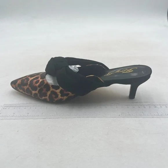 FOWT Leopard Animal-print Pointed Toe Slip On Mules with Bow Kitten Heel Sandals