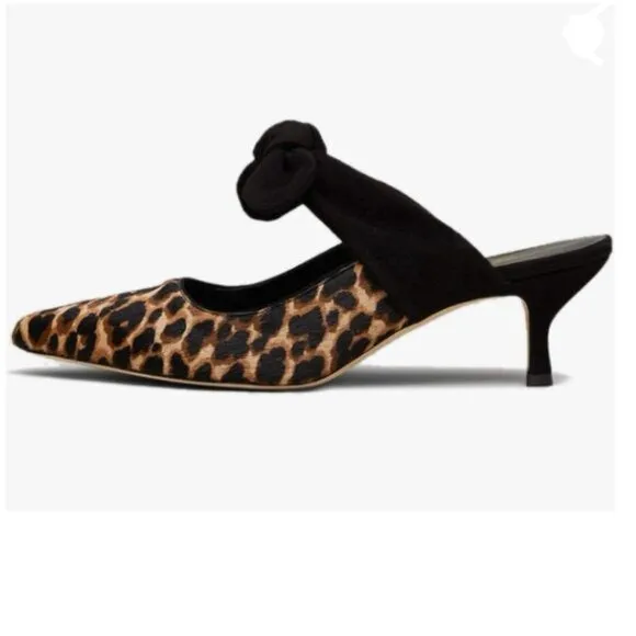 FOWT Leopard Animal-print Pointed Toe Slip On Mules with Bow Kitten Heel Sandals