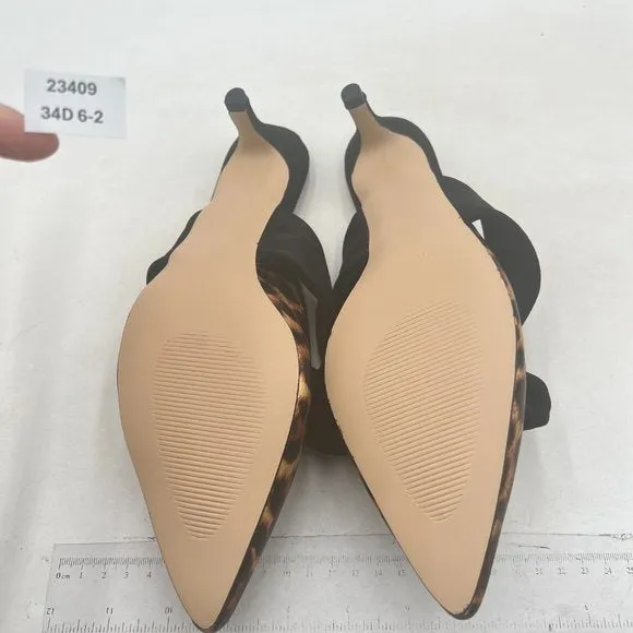 FOWT Leopard Animal-print Pointed Toe Slip On Mules with Bow Kitten Heel Sandals