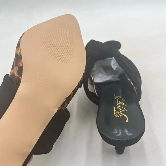 FOWT Leopard Animal-print Pointed Toe Slip On Mules with Bow Kitten Heel Sandals