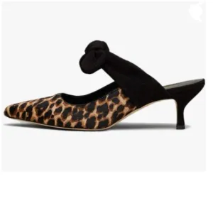 FOWT Leopard Animal-print Pointed Toe Slip On Mules with Bow Kitten Heel Sandals