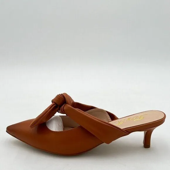 FOWT Nude Burnished Pointed Toe Slip On Mules with Bow, Low Kitten Heel Backless