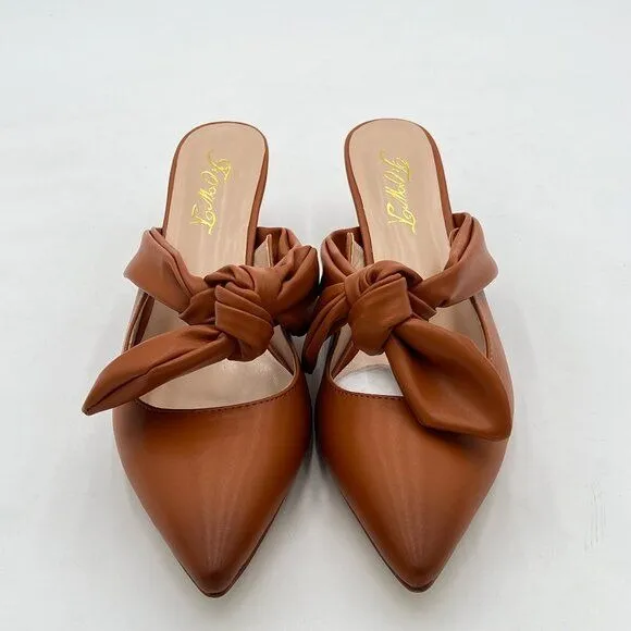 FOWT Nude Burnished Pointed Toe Slip On Mules with Bow, Low Kitten Heel Backless