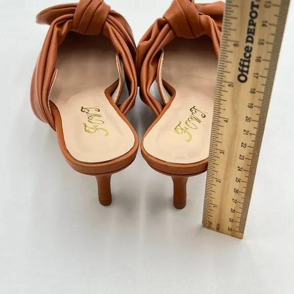 FOWT Nude Burnished Pointed Toe Slip On Mules with Bow, Low Kitten Heel Backless