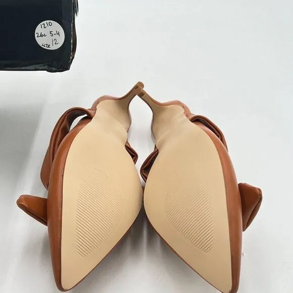 FOWT Nude Burnished Pointed Toe Slip On Mules with Bow, Low Kitten Heel Backless