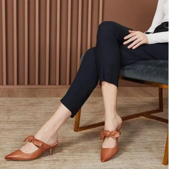 FOWT Nude Burnished Pointed Toe Slip On Mules with Bow, Low Kitten Heel Backless