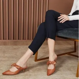 FOWT Nude Burnished Pointed Toe Slip On Mules with Bow, Low Kitten Heel Backless