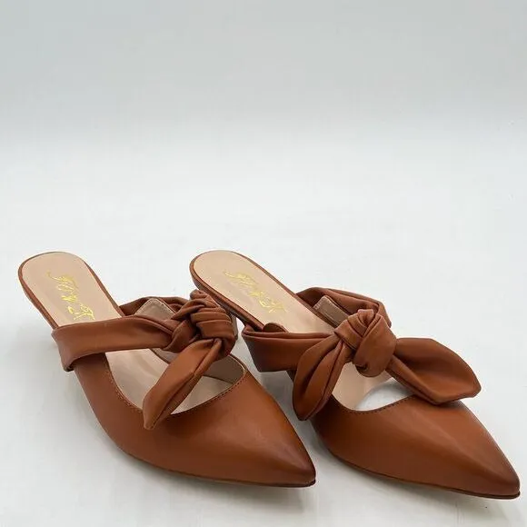 FOWT Nude Burnished Pointed Toe Slip On Mules with Bow, Low Kitten Heel Backless