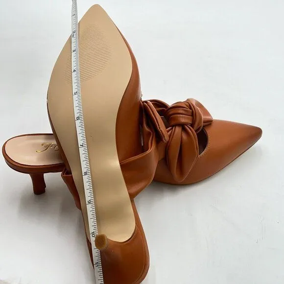FOWT Nude Burnished Pointed Toe Slip On Mules with Bow, Low Kitten Heel Backless
