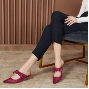 FOWT Pink Pointed Toe Slip On Mules with Bow Kitten Heel Backless Dress Sandals