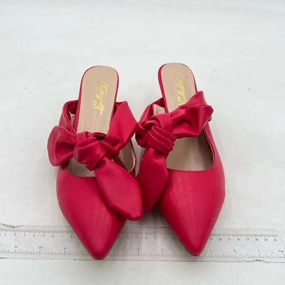 FOWT Pink Pointed Toe Slip On Mules with Bow Kitten Heel Backless Dress Sandals