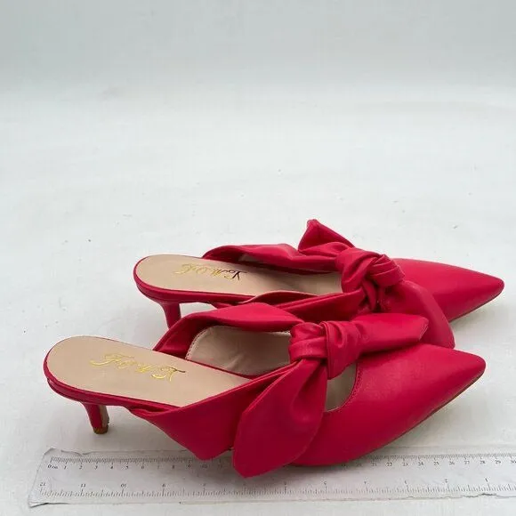 FOWT Pink Pointed Toe Slip On Mules with Bow Kitten Heel Backless Dress Sandals