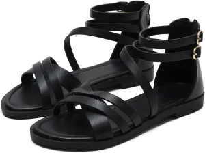 FRALOSHA Women Flat Sandals Dressy Summer Beach Casual low heel Sandal Ankle Strap Shoes with Zipper