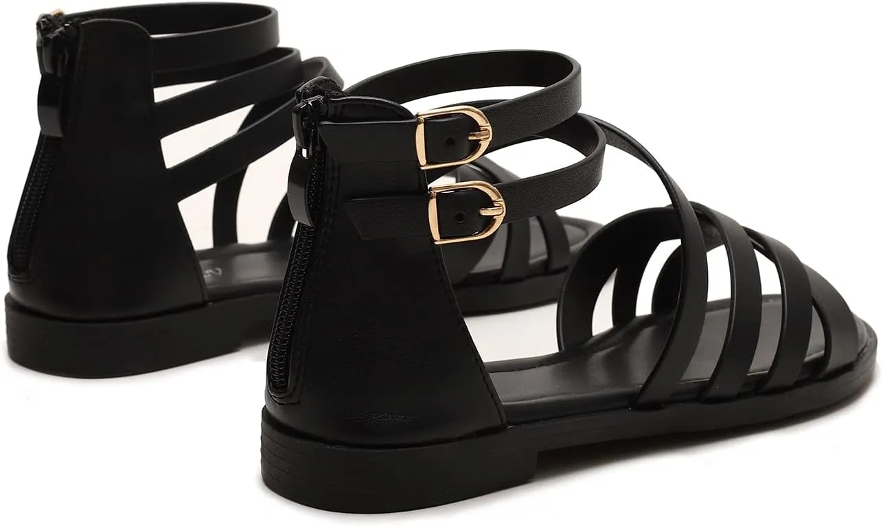 FRALOSHA Women Flat Sandals Dressy Summer Beach Casual low heel Sandal Ankle Strap Shoes with Zipper