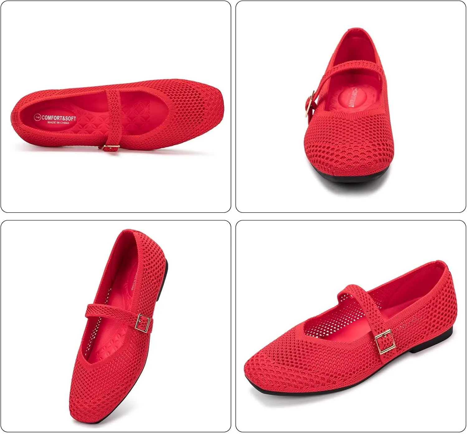 Frank Mully Womens Casual Flat Shoes Square Toe Shoes Knitted Mesh Flat Comfort Work Flat Shoes for Daily Washable