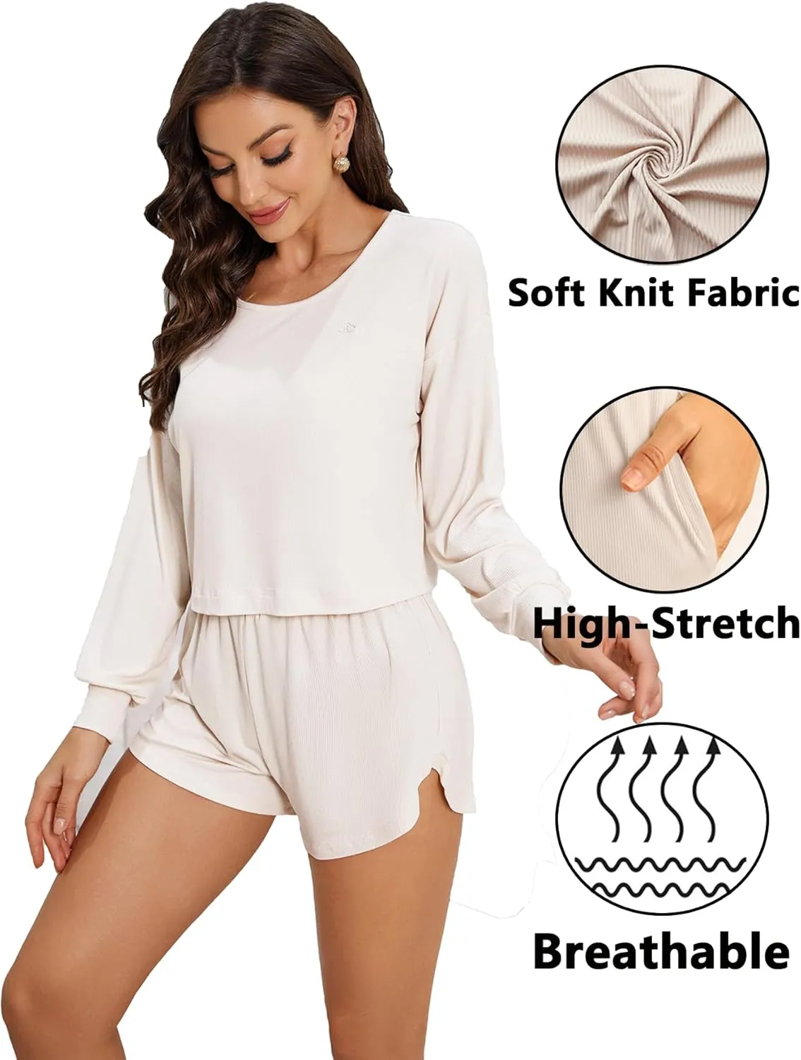 ft FENTENG Women's Ribbed Knit Pajama Set - Soft & Breathable 2-Piece Sleepwear, Long Sleeve Top & Shorts, Cozy Loungewear