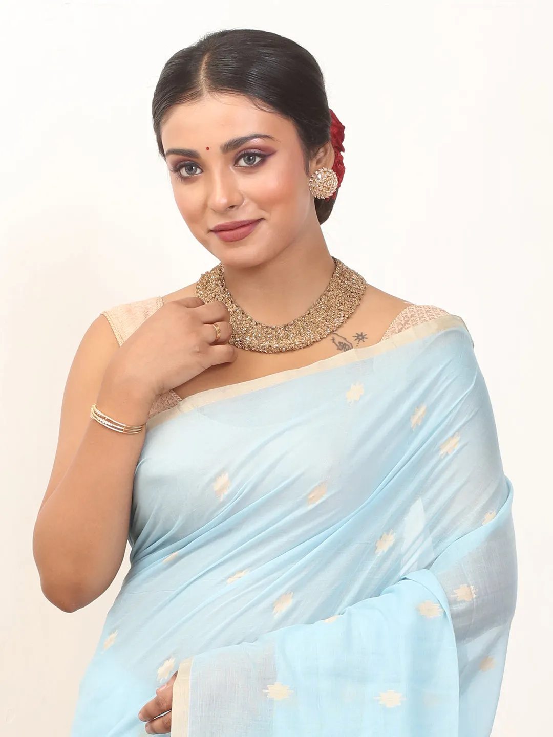 Full catalog Cotton Prompt response And Sandal Handloom Border Jamdani Butis Saree Blue Sky With Piping Mul Fulia