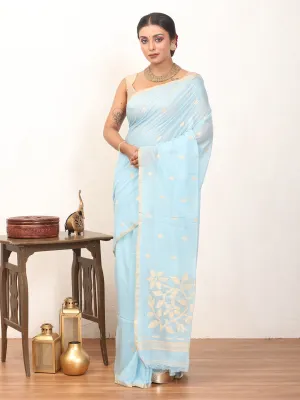 Full catalog Cotton Prompt response And Sandal Handloom Border Jamdani Butis Saree Blue Sky With Piping Mul Fulia