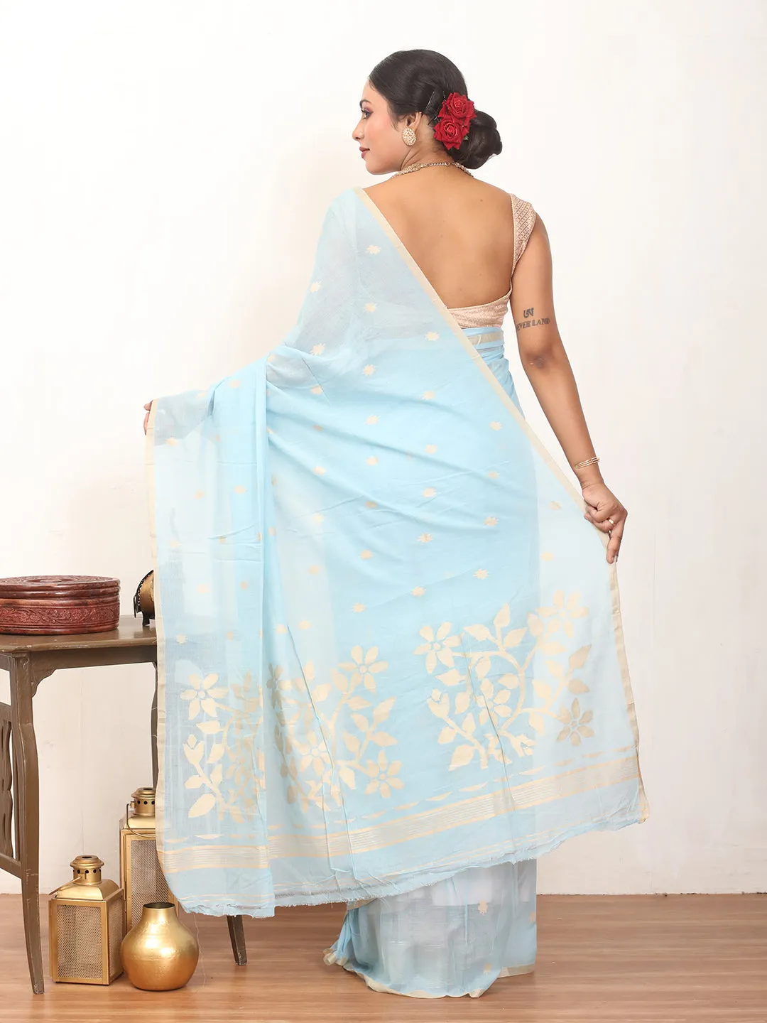 Full catalog Cotton Prompt response And Sandal Handloom Border Jamdani Butis Saree Blue Sky With Piping Mul Fulia