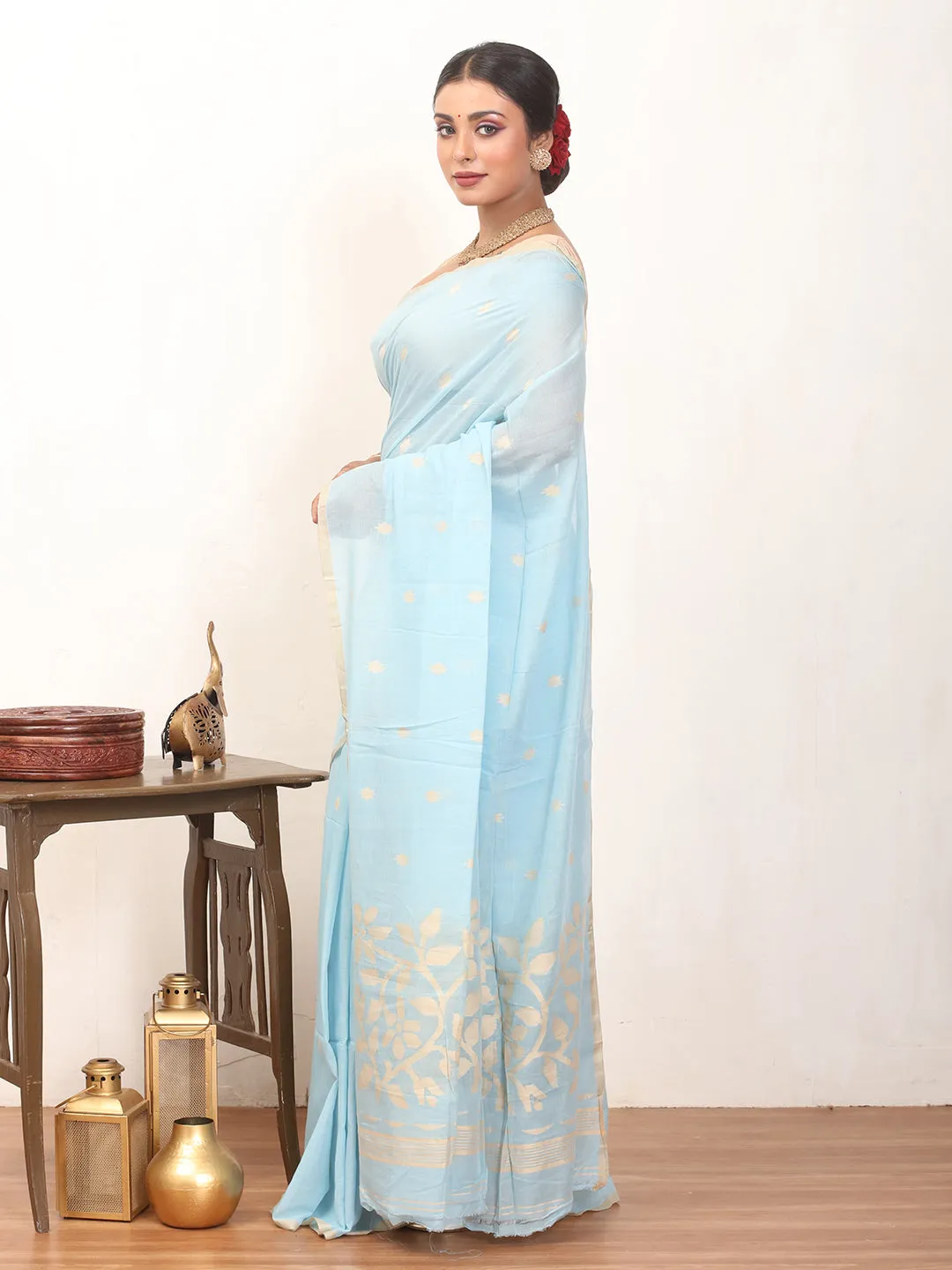 Full catalog Cotton Prompt response And Sandal Handloom Border Jamdani Butis Saree Blue Sky With Piping Mul Fulia
