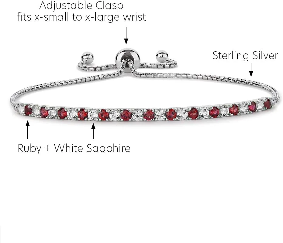 Gemstone and Lab-Created White Sapphire Adjustable Bolo Bracelet, Sterling Silver, Easy-On Easy-Off (6, 7 and 8 inch Wrist Size)