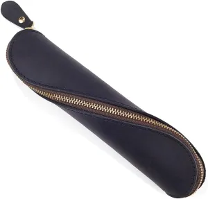 GORGECRAFT Genuine Leather Pencil Case Real Leather Pen Pouch Handcrafted Black Crazy Horse Leather Bags Zippered Holder for Reading Glasses Case Stationery Storage Home Office Vintage Gift