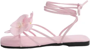 GORGLITTER Women's 3D Flower Sandals Dressy Criss Cross Floral Flat Sandals Square Open Toe Summer Beach Sandals