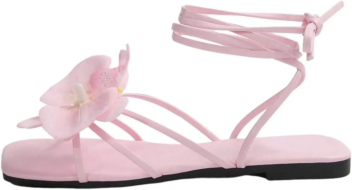 GORGLITTER Women's 3D Flower Sandals Dressy Criss Cross Floral Flat Sandals Square Open Toe Summer Beach Sandals