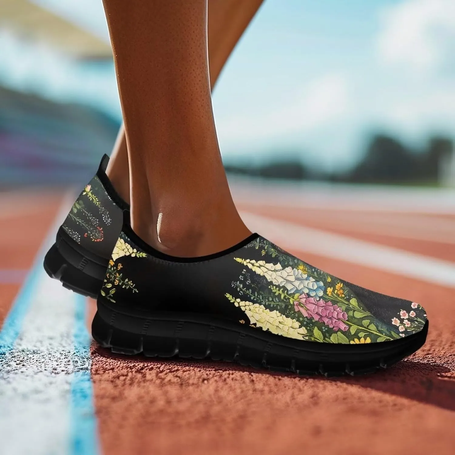 GOSTONG Floral Art Sneakers for Women Comfy Soft Sole Non Slip Walking Sneakers for Outdoor Travel Easy Slip on Lightweight Indoor Loafers Black US 5.5-11.5