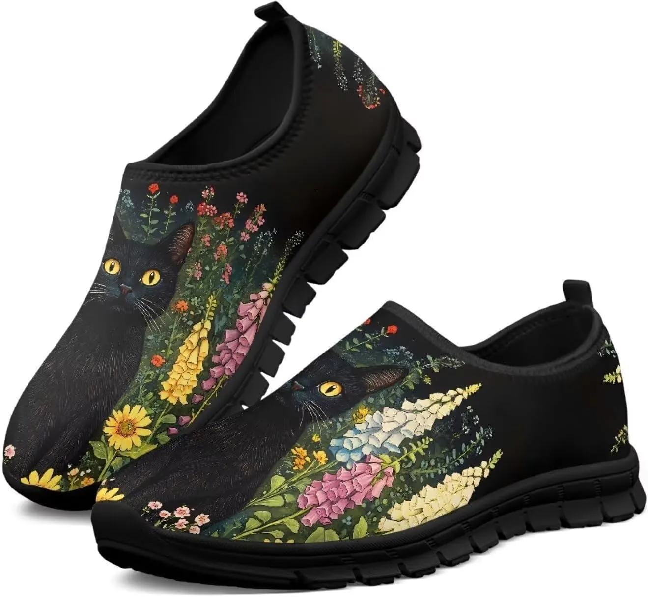 GOSTONG Floral Art Sneakers for Women Comfy Soft Sole Non Slip Walking Sneakers for Outdoor Travel Easy Slip on Lightweight Indoor Loafers Black US 5.5-11.5