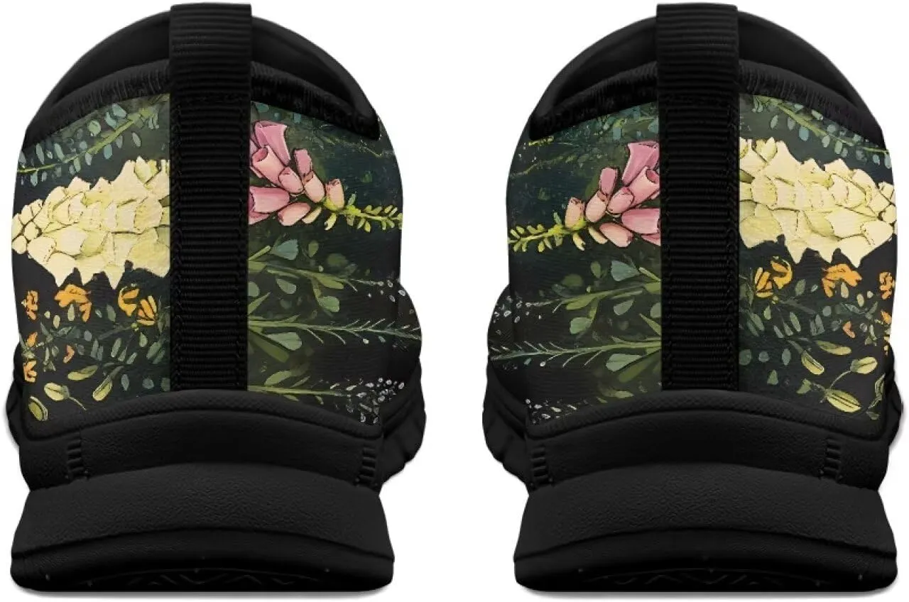 GOSTONG Floral Art Sneakers for Women Comfy Soft Sole Non Slip Walking Sneakers for Outdoor Travel Easy Slip on Lightweight Indoor Loafers Black US 5.5-11.5