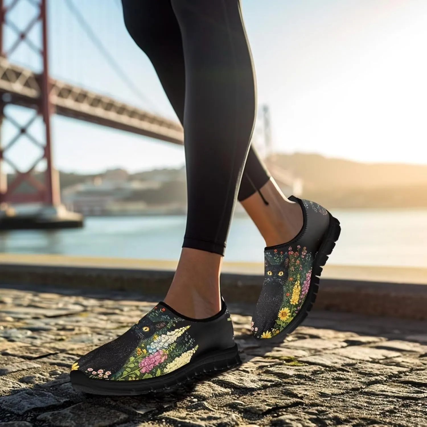 GOSTONG Floral Art Sneakers for Women Comfy Soft Sole Non Slip Walking Sneakers for Outdoor Travel Easy Slip on Lightweight Indoor Loafers Black US 5.5-11.5