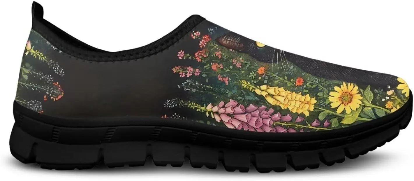 GOSTONG Floral Art Sneakers for Women Comfy Soft Sole Non Slip Walking Sneakers for Outdoor Travel Easy Slip on Lightweight Indoor Loafers Black US 5.5-11.5