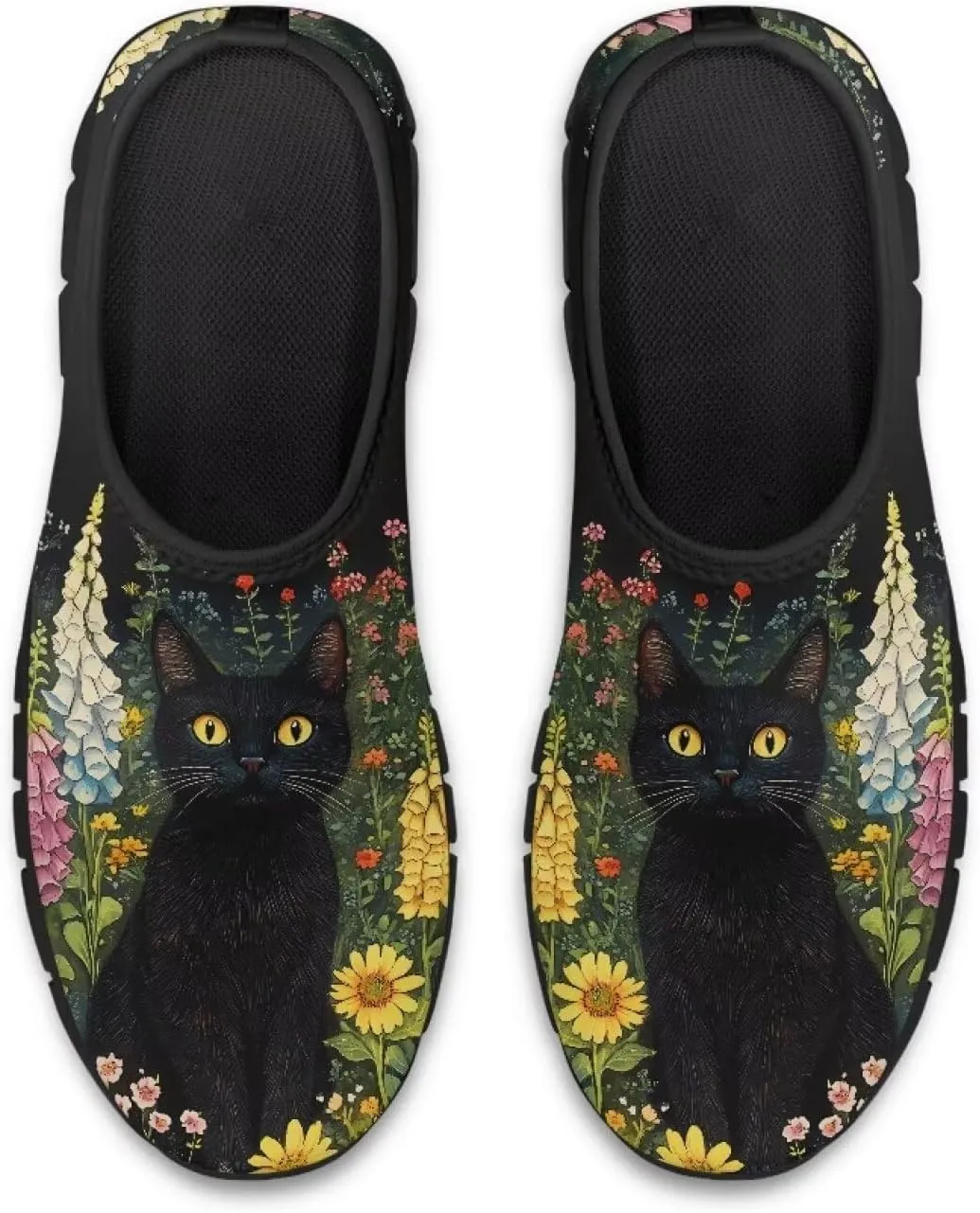 GOSTONG Floral Art Sneakers for Women Comfy Soft Sole Non Slip Walking Sneakers for Outdoor Travel Easy Slip on Lightweight Indoor Loafers Black US 5.5-11.5